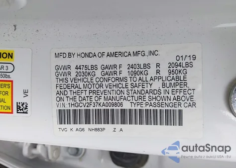 2019 Honda Accord Sport 2.0T from USA, damaged, VIN 1HGCV2F37KA009806